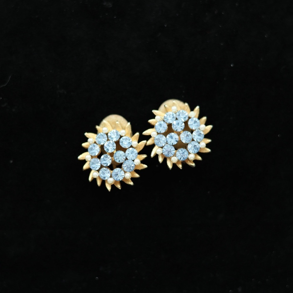 Vintage BSK Blue Rhinestone Gold Tone Faux Pearl Flower Clip-On Earrings